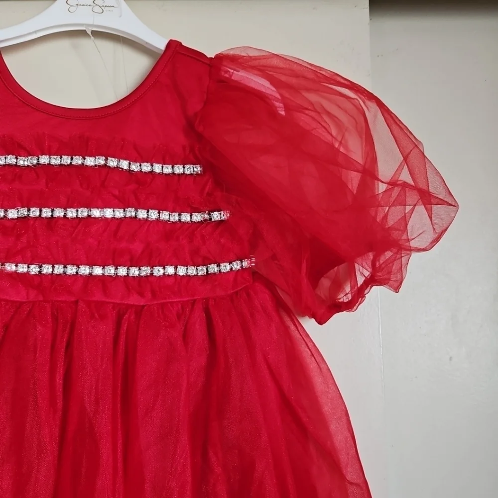 Jessica Simpson Flower Girl Red Tulle Dress Puff Sleeves Rhinestones Accent 6X